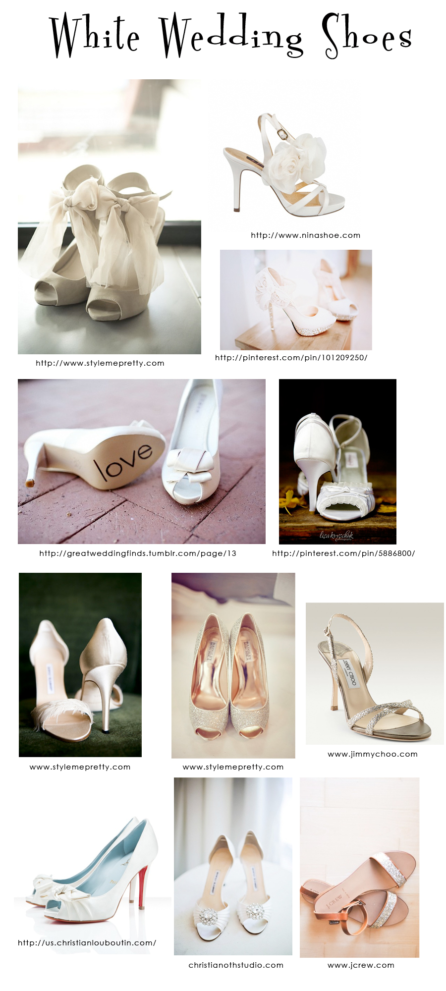 Heavenly white wedding shoes Louboutin, Jimmy Choo, Manola's and nina's