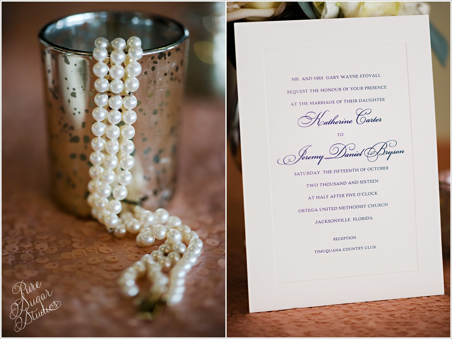 Elegant details at Timuquana Country Club Wedding including a pearl necklace and traditional invitation