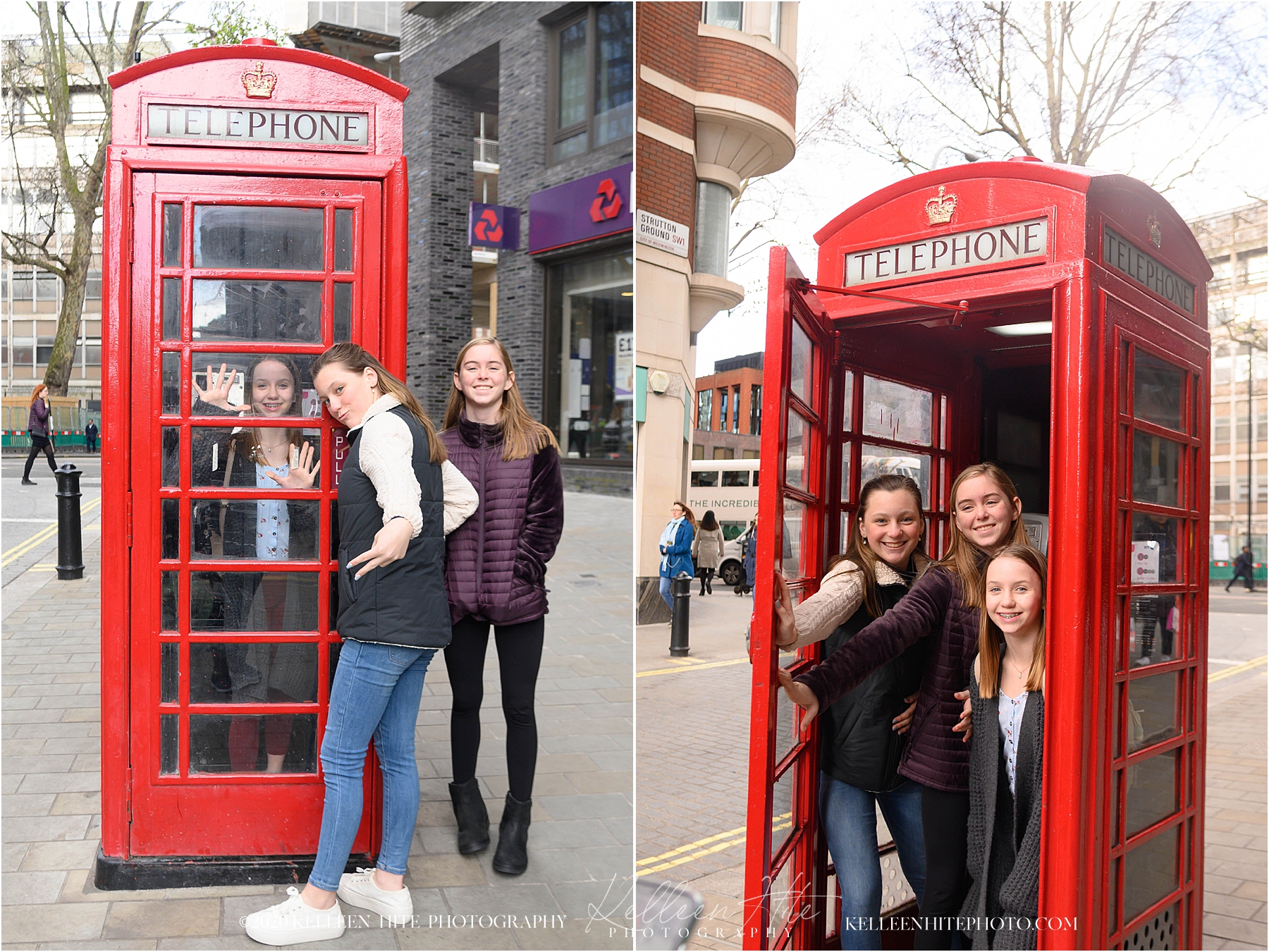 London phone booth with kids