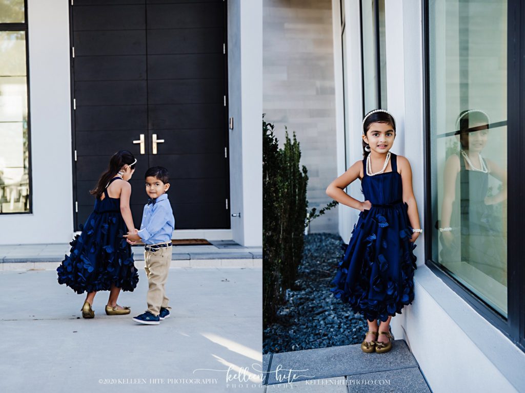 Kids photo session in blue dress and bow tie