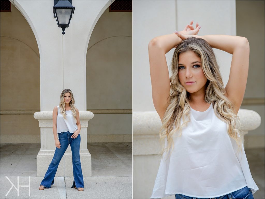 Senior girl in white shirt and jeans.