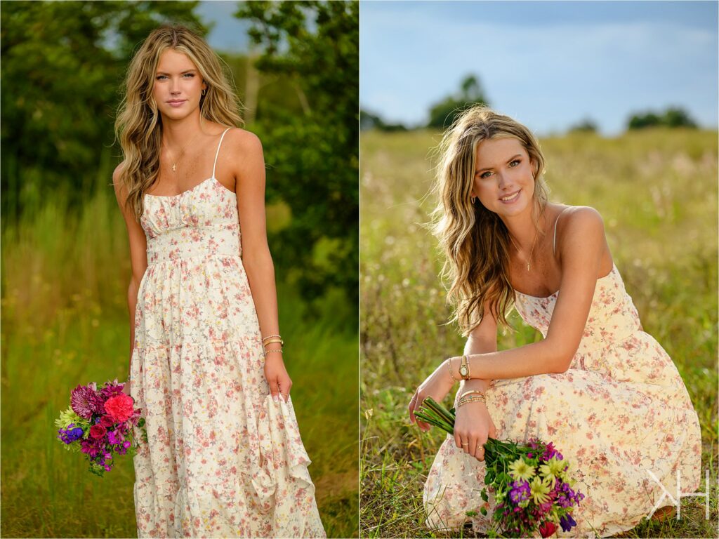 Senior girl wearing a spring floral dress for senior pictures in Jacksonville and St. Augustine FL