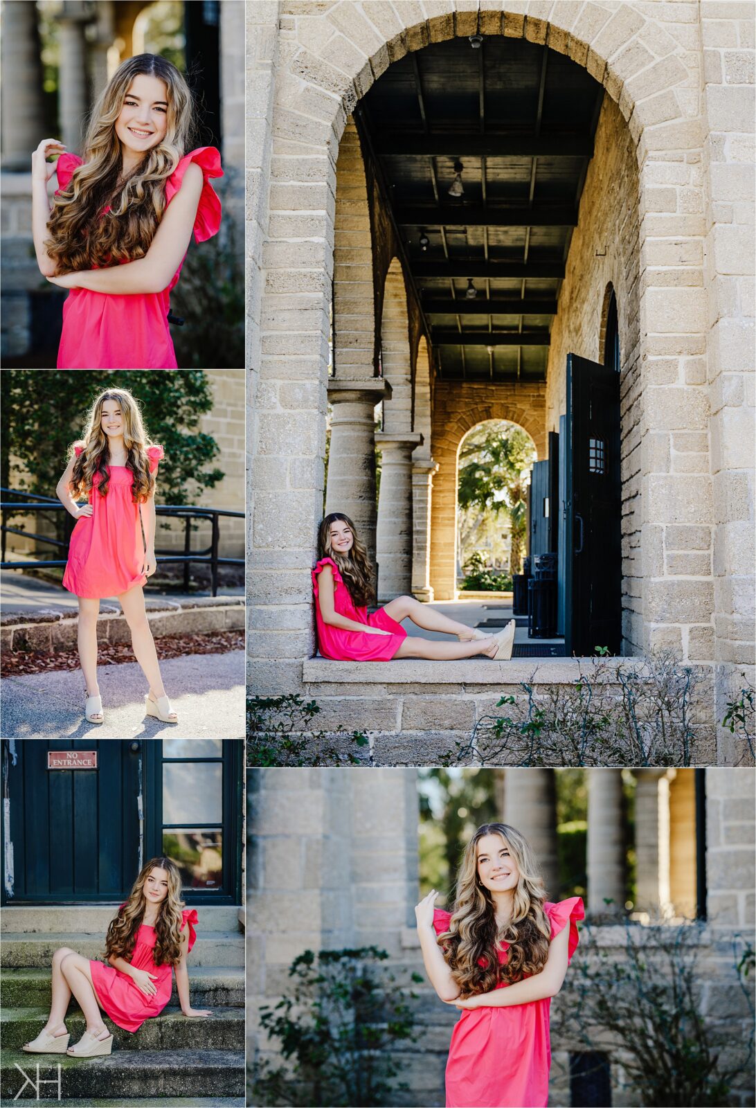 Girls senior session in St. Augustine Florida in a hot pink dress