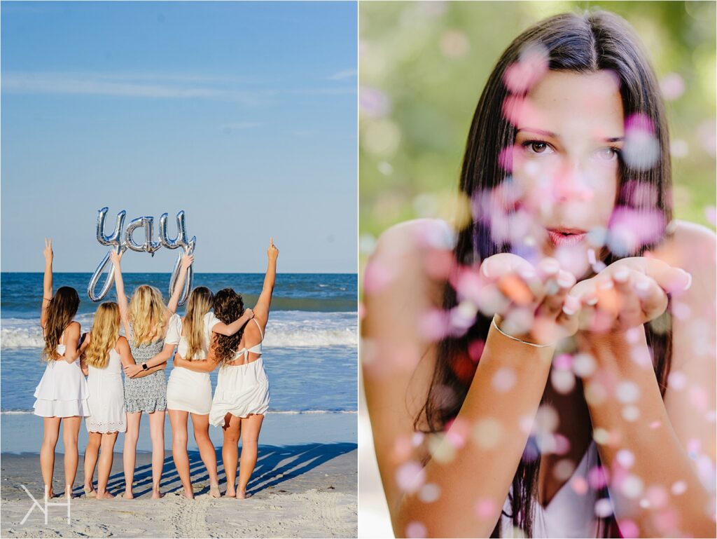 Senior High school Graduation photos ideas with water and confetti