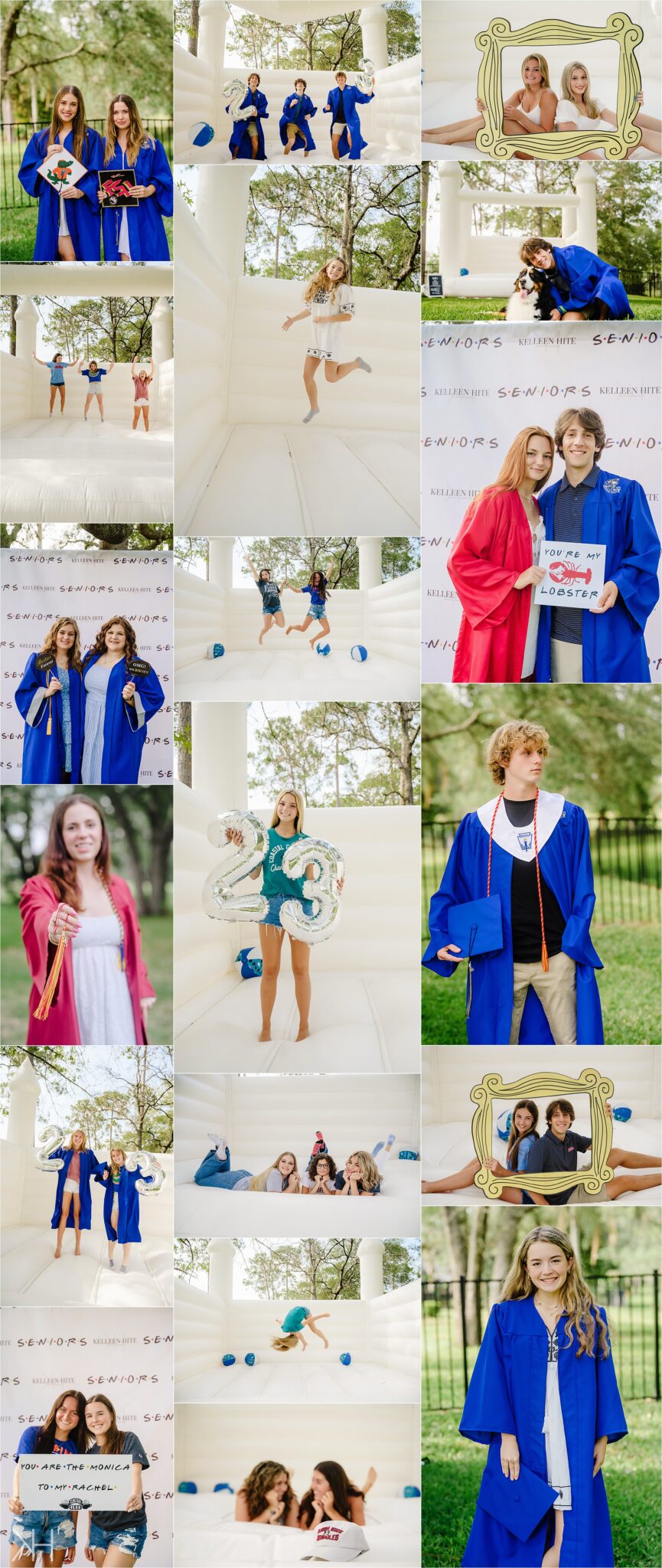 Cap and gown photos in Jacskonville Florida in a white bounce house