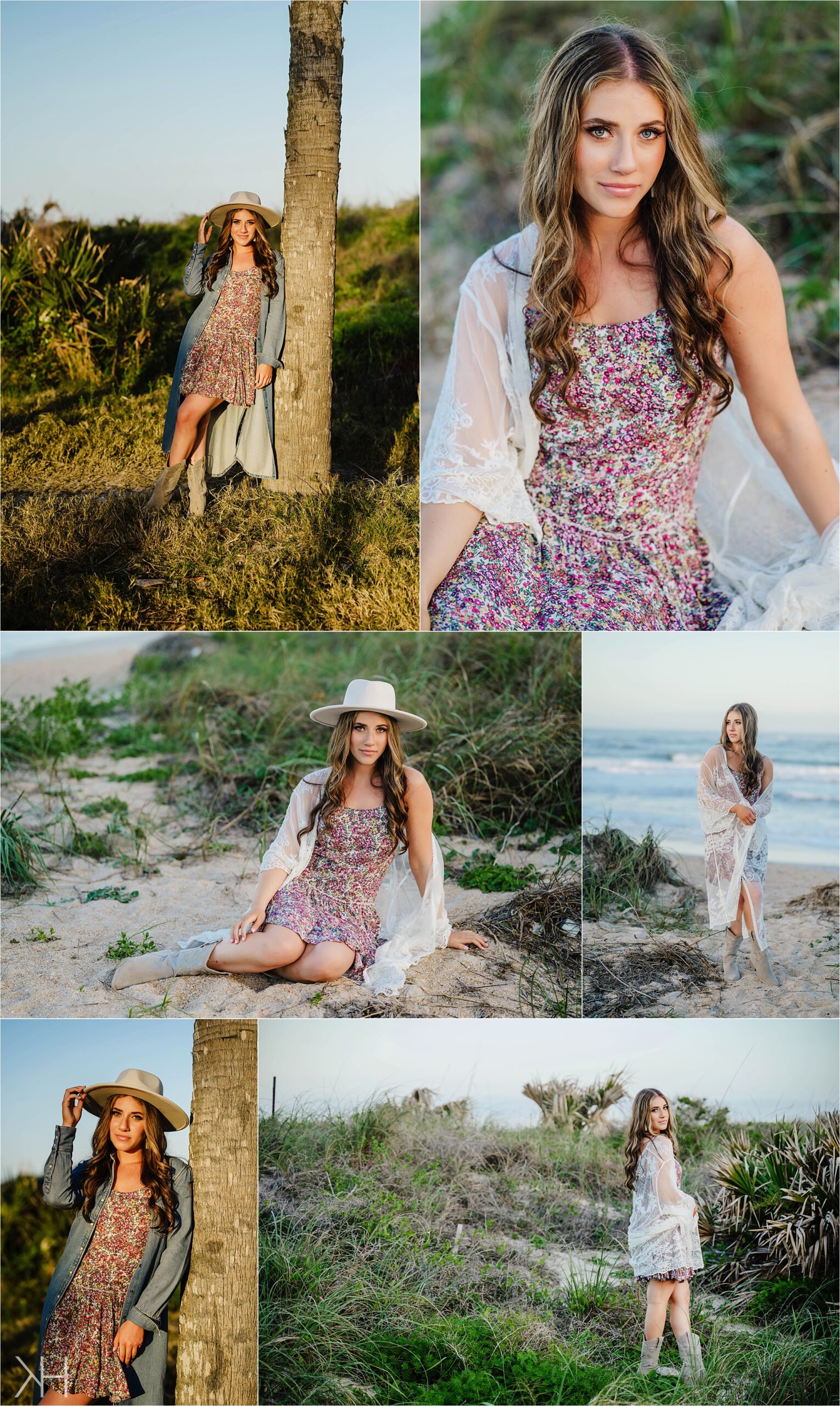 Senior photos in a floral dress and hat in Vilano Beach, FL