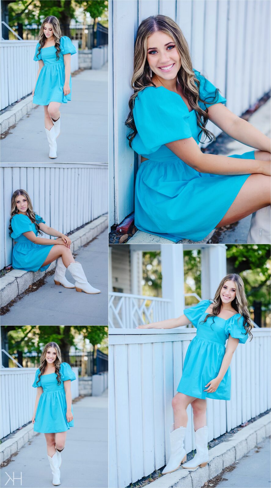 Senior pictures in a blue dress in downtown St. Augustine