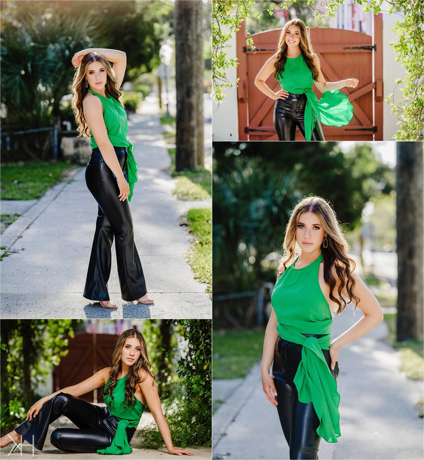 Senior pictures in green shirt and leather pants in downtown St. Augustine