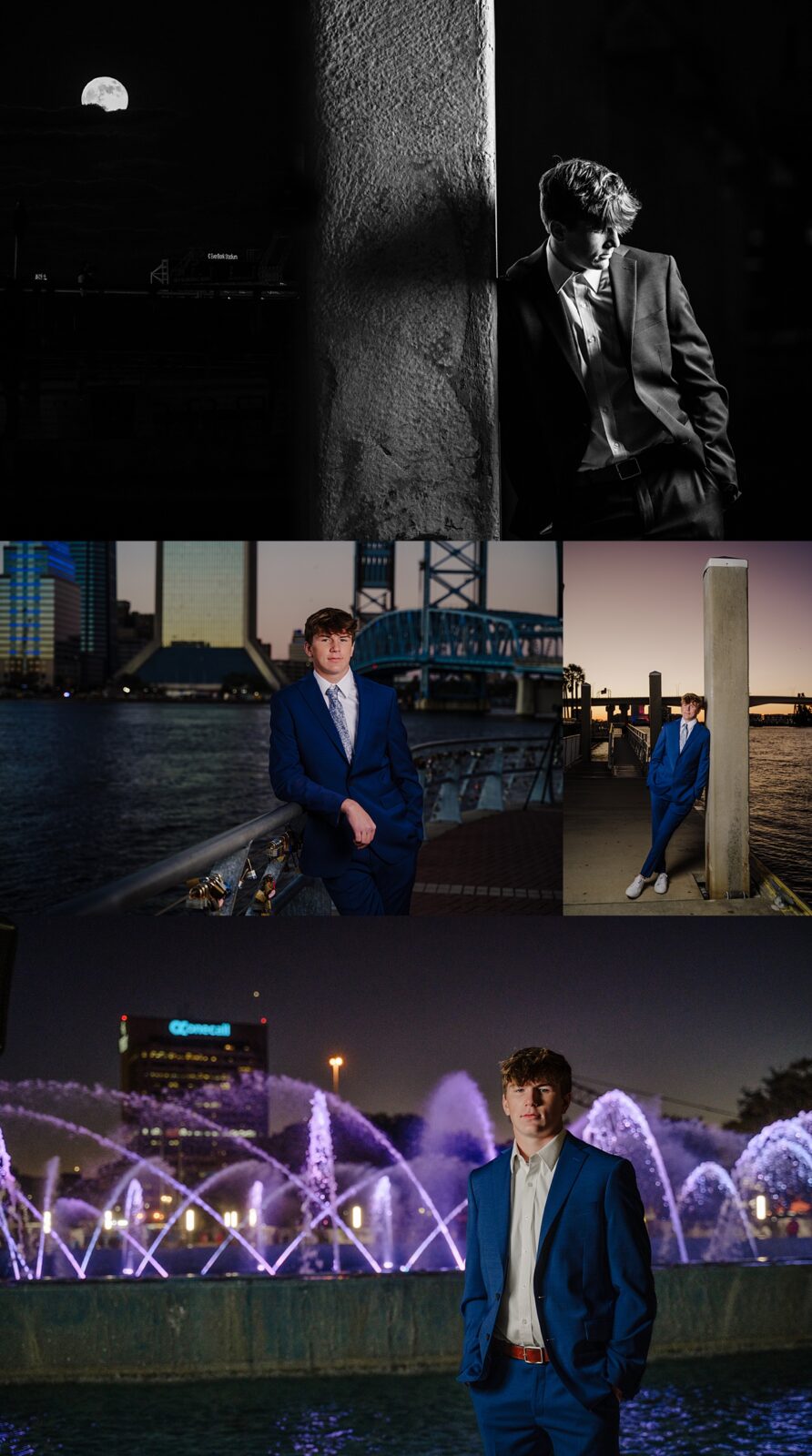 Senior guy at friendship fountain and downtown Jacksonville in a suit