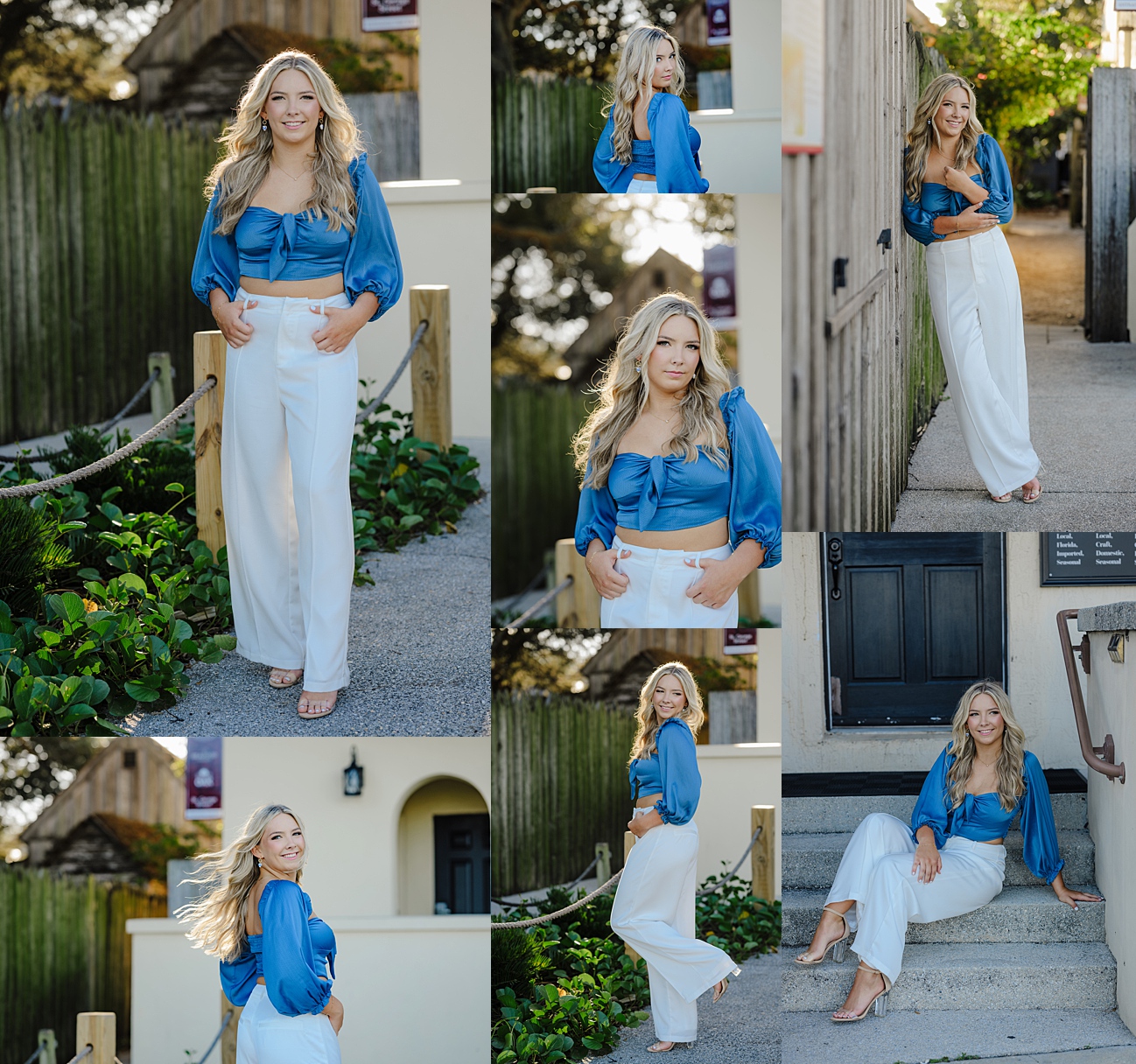 St Augustine senior photos in a blue shirt and white pants