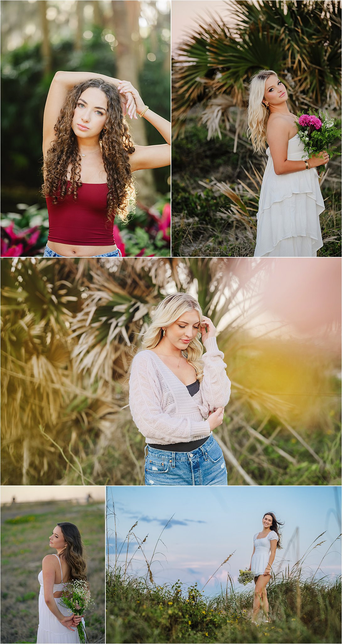 a variety of pictures showing senior photos in a flower field